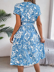 Printed V-Neck Short Sleeve Dress - Trendsi