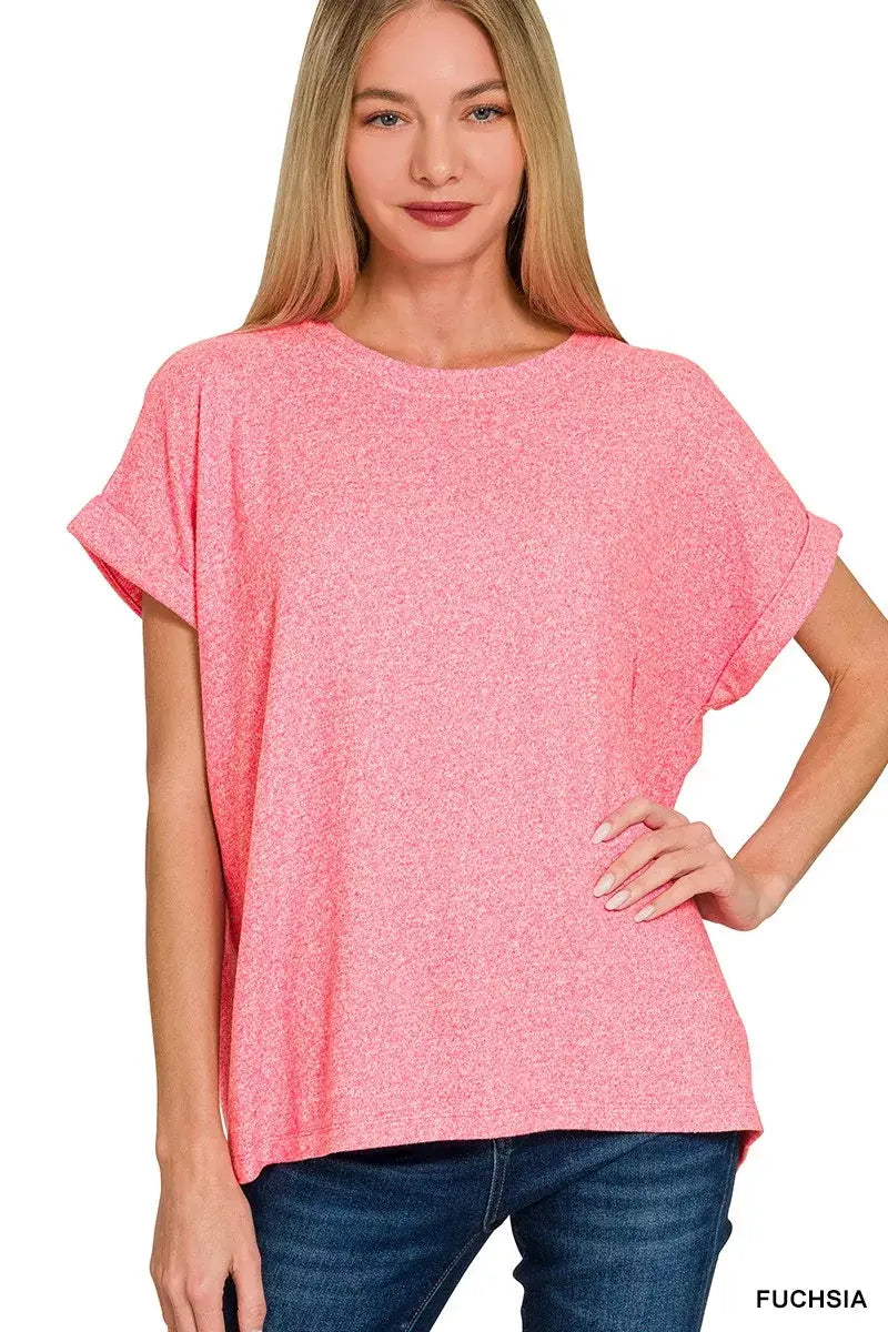 Zenana Soft Melange Hacci Short Sleeve Round Neck Top - Trendsi - Flyclothing LLC