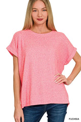 Zenana Soft Melange Hacci Short Sleeve Round Neck Top - Trendsi - Flyclothing LLC