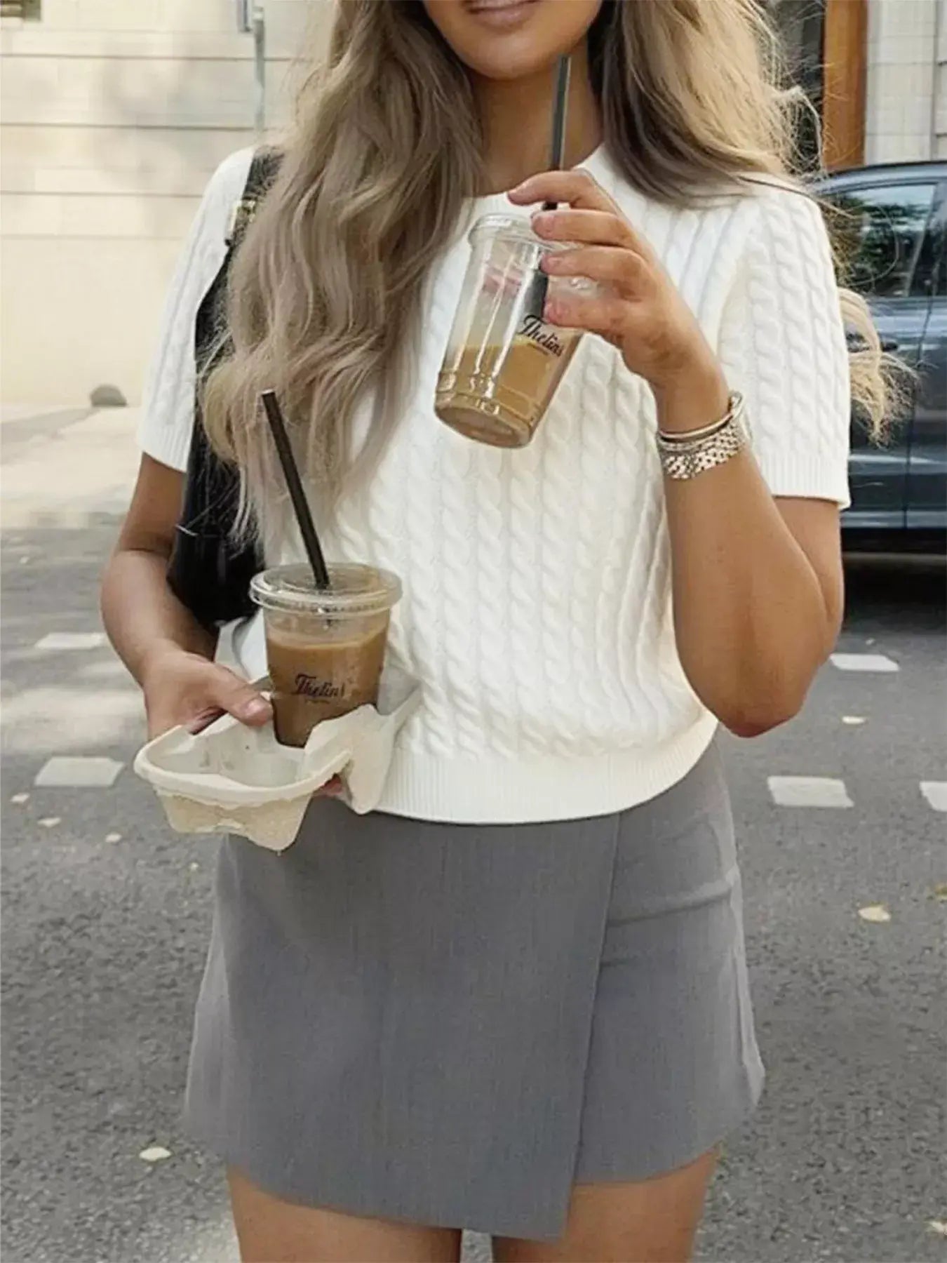 Cable-Knit Short Sleeve Sweater - Trendsi - Flyclothing LLC