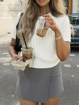 Cable-Knit Short Sleeve Sweater - Trendsi - Flyclothing LLC