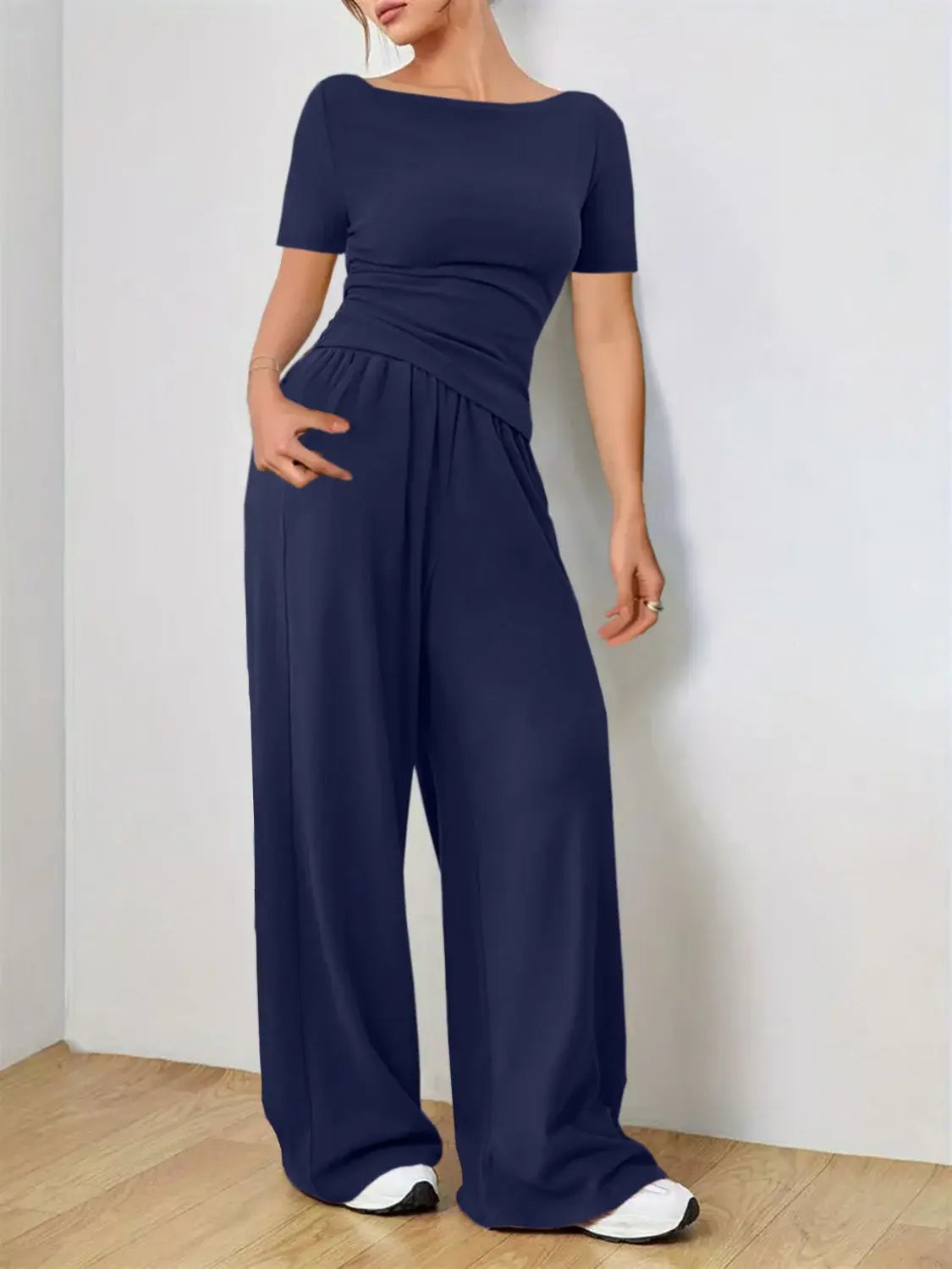 Round Neck Short Sleeve T-Shirt and Pants Set - Trendsi - Flyclothing LLC