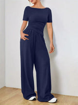 Round Neck Short Sleeve T-Shirt and Pants Set - Trendsi - Flyclothing LLC