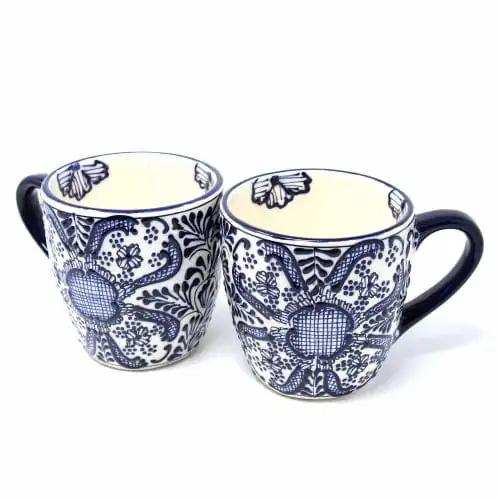 Rounded Mugs - Blue Flowers Pattern, Set of Two - Encantada - Encantada - Flyclothing LLC