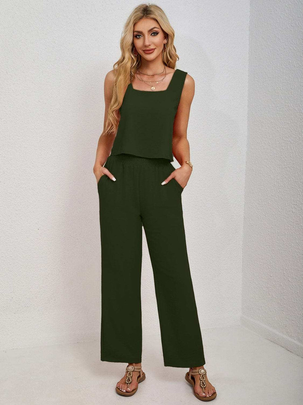 Square Neck Tank and Wide Leg Pants Set - Trendsi - Flyclothing LLC