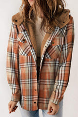 Plaid Button Up Long Sleeve Hooded Jacket - Trendsi - Flyclothing LLC