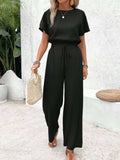 Round Neck Short Sleeve Top and Pants Set - Trendsi - Flyclothing LLC