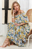 ADORA Layered Floral Off-Shoulder Short Sleeve Maxi Dress - Trendsi