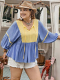 Plus Size Ruched Tie Neck Balloon Sleeve Blouse - Trendsi - Flyclothing LLC