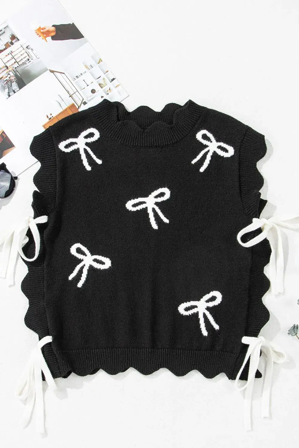 Bow Side Ties Scalloped Hem Cap Sleeve Sweater - Trendsi - Flyclothing LLC