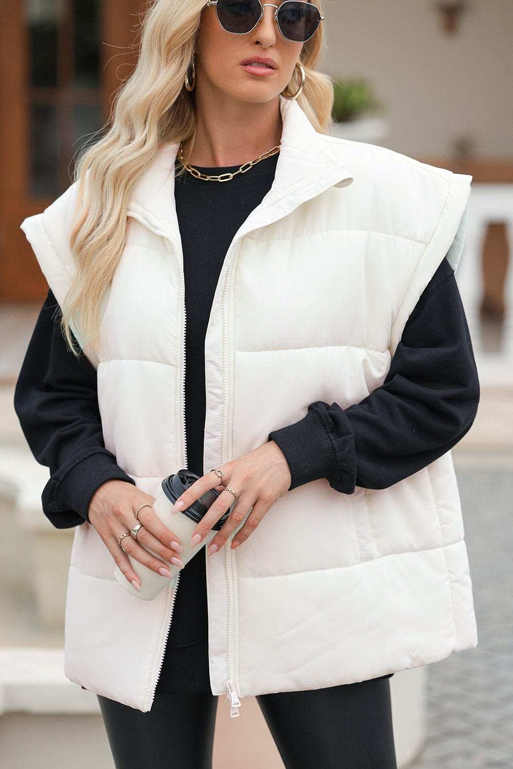 Zip Up Puffer Vest Coat with Pockets - Trendsi - Flyclothing LLC