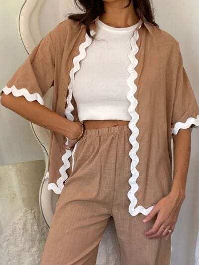 Contrast Trim Half Sleeve Top and Pants Set - Trendsi - Flyclothing LLC