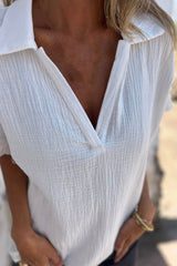 Lace Detail Collared Neck Short Sleeve Blouse