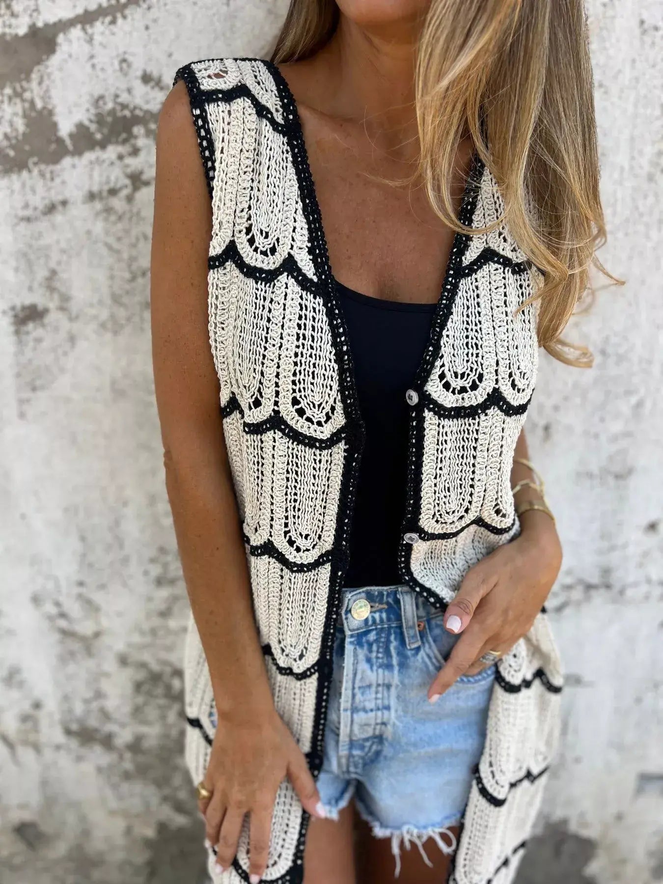 Sleeveless Crochet Longline Cardigan - Trendsi - Flyclothing LLC