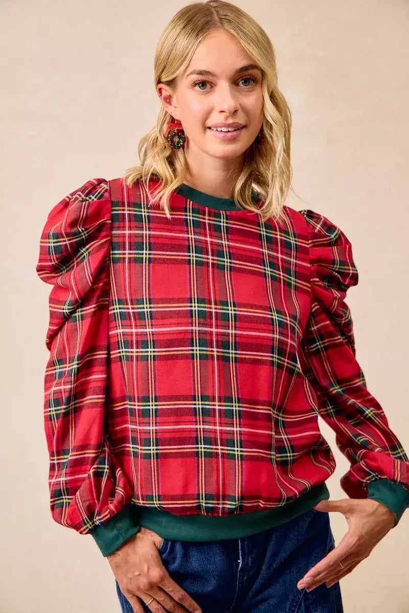 BiBi Christmas Plaid Exaggerated Shoulder Sleeves Top - Trendsi - Flyclothing LLC