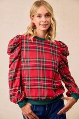 BiBi Christmas Plaid Exaggerated Shoulder Sleeves Top - Trendsi - Flyclothing LLC