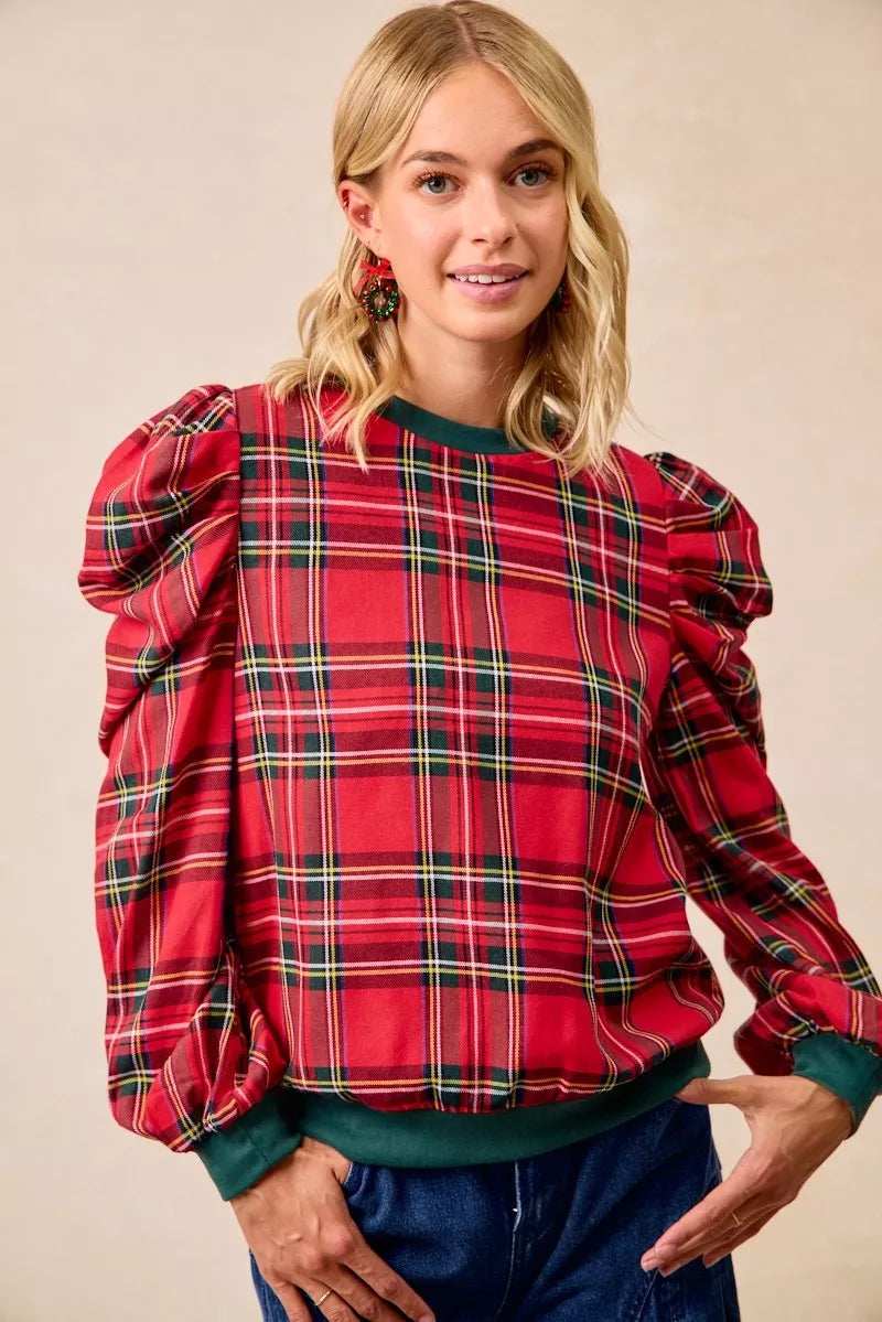 BiBi Christmas Plaid Exaggerated Shoulder Sleeves Top - Trendsi - Flyclothing LLC