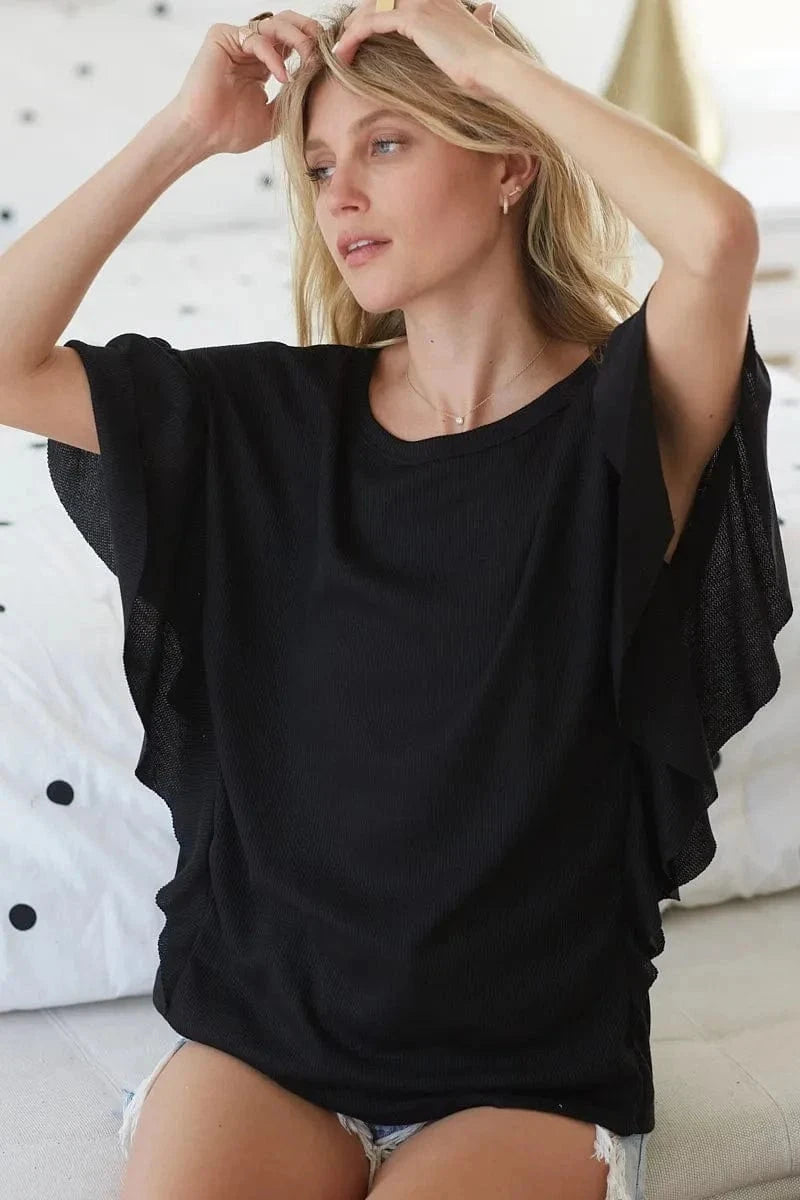 BiBi Thermal Knit with Ruffled Sleeve Top - Trendsi