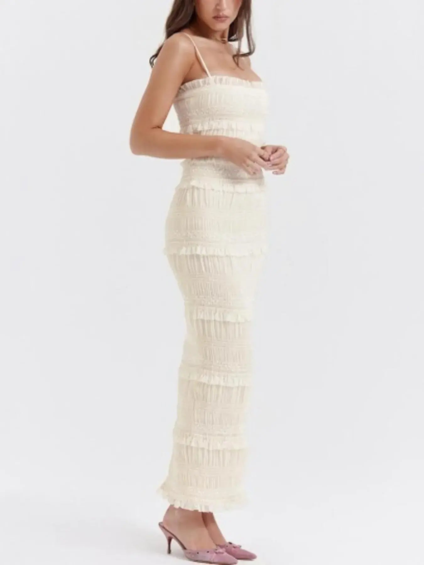 Frill Tiered Textured Maxi Cami Dress - Trendsi - Flyclothing LLC