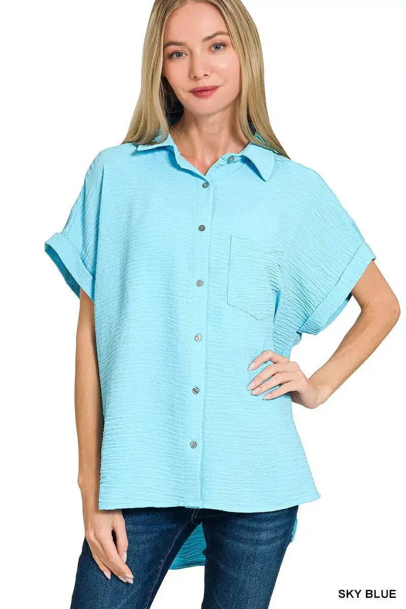Zenana Woven Airflow Button Down Shirt - Trendsi - Flyclothing LLC