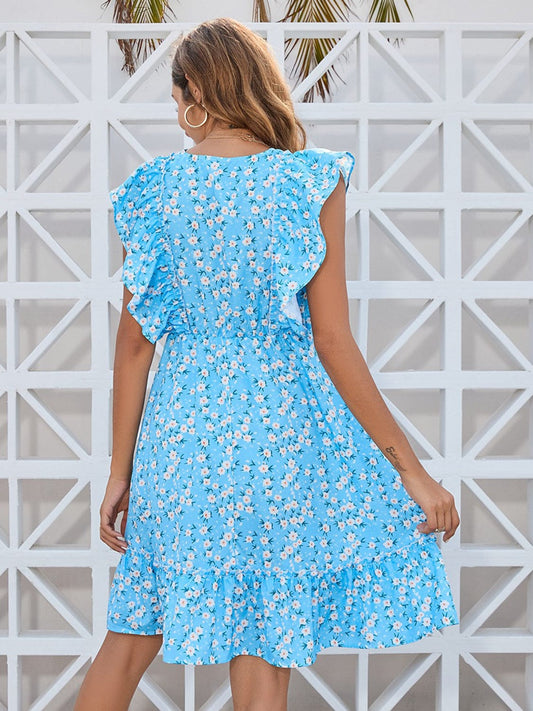 Ruffled Ditsy Floral Surplice Mini Dress - Trendsi