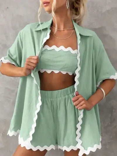 Contrast Trim Half Sleeve Top and Shorts Set - Trendsi - Flyclothing LLC