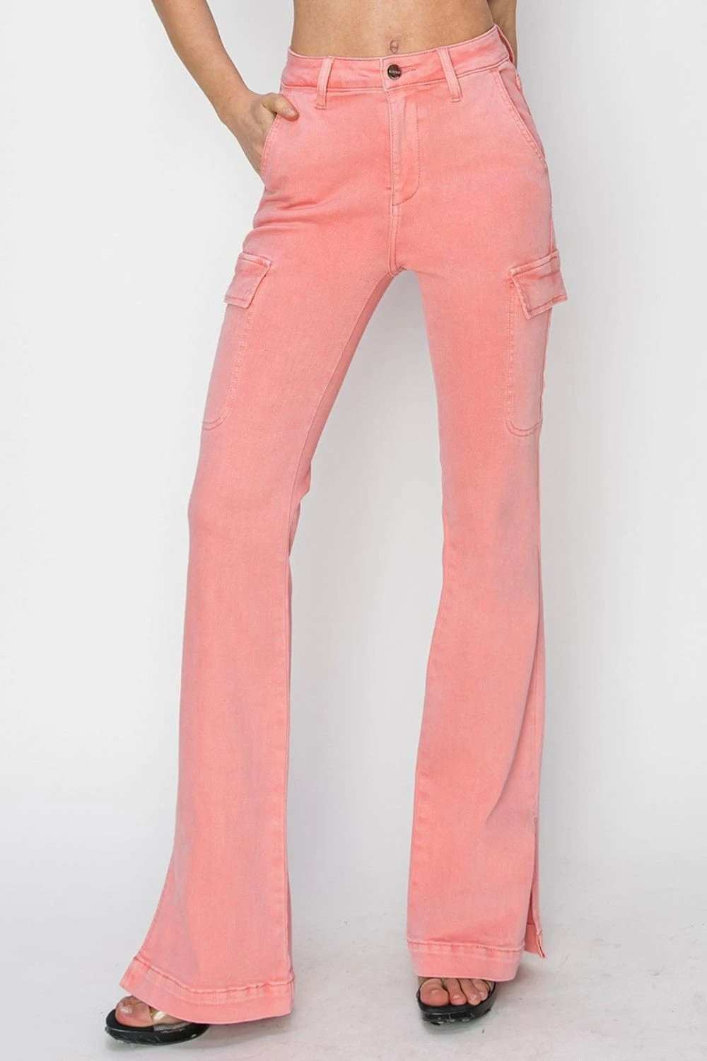 RISEN Full Size High Rise Side Slit Cargo Bootcut Jeans - Trendsi - Flyclothing LLC