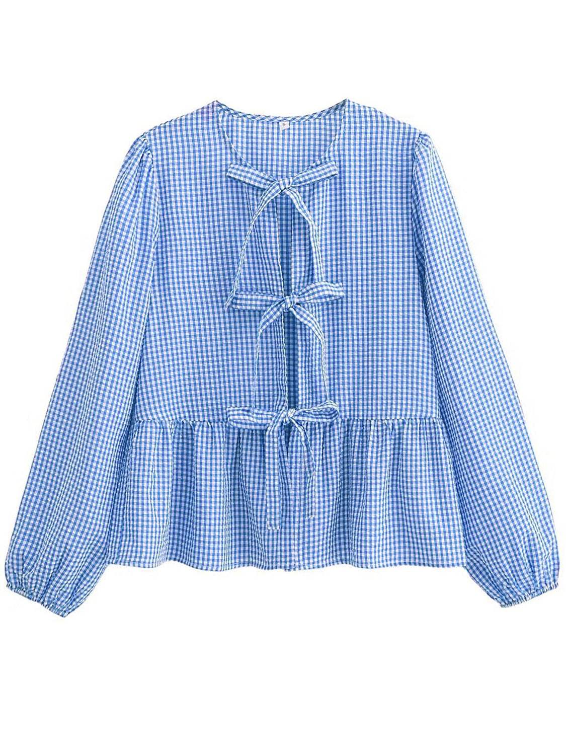 Tied Round Neck Long Sleeve Blouse - Trendsi - Flyclothing LLC