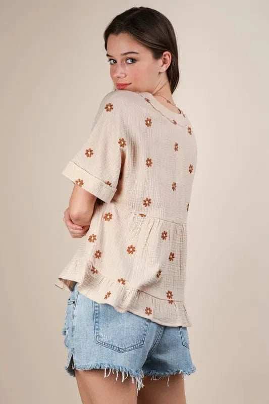 VERY J Flower Embroidered Woven Blouse - Trendsi - Flyclothing LLC