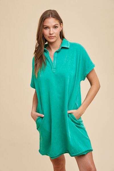 Annie Wear Mineral Washed Johnny Collar Short Sleeve Dress - Trendsi - Flyclothing LLC