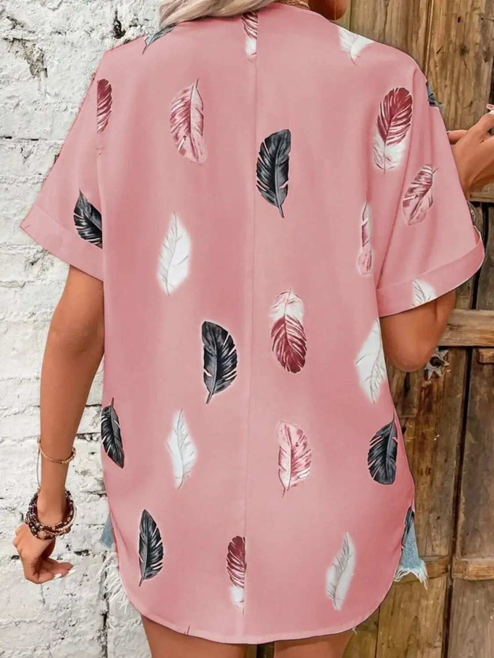 Full Size Printed Collared Neck Short Sleeve Blouse - Trendsi - Flyclothing LLC