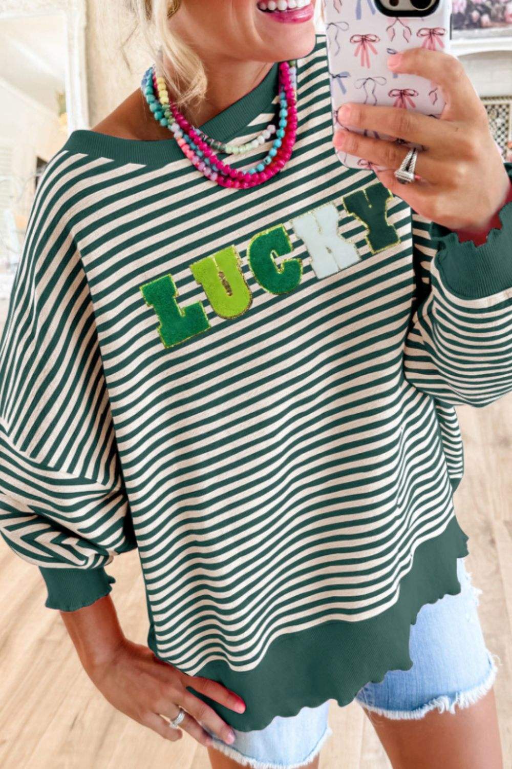 LUCKY Striped Round Neck Long Sleeve Sweatshirt - Trendsi - Flyclothing LLC