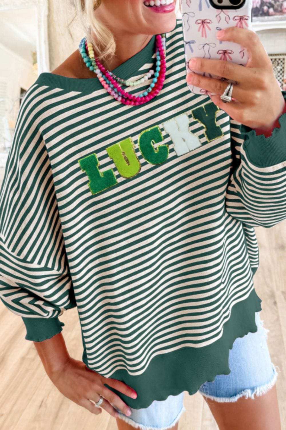 LUCKY Striped Round Neck Long Sleeve Sweatshirt - Trendsi - Flyclothing LLC