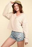 VERY J Exposed Seam V-Neck Ribbed Knit Top - Trendsi