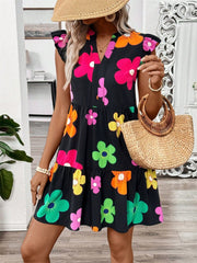 Ruffled Printed Notched Cap Sleeve Dress - Trendsi