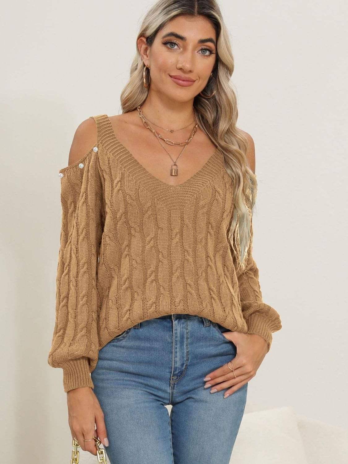 Cable-Knit Cold Shoulder Sweater - Trendsi - Flyclothing LLC