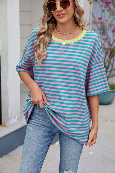 Contrast Striped Round Neck Half Sleeve T-Shirt - Trendsi - Flyclothing LLC