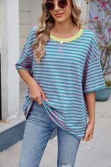 Contrast Striped Round Neck Half Sleeve T-Shirt - Trendsi - Flyclothing LLC