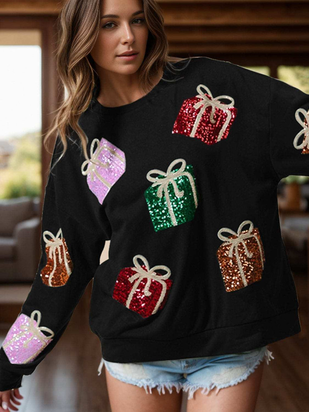 Sequin Gift Box Long Sleeve Sweatshirt - Trendsi - Flyclothing LLC