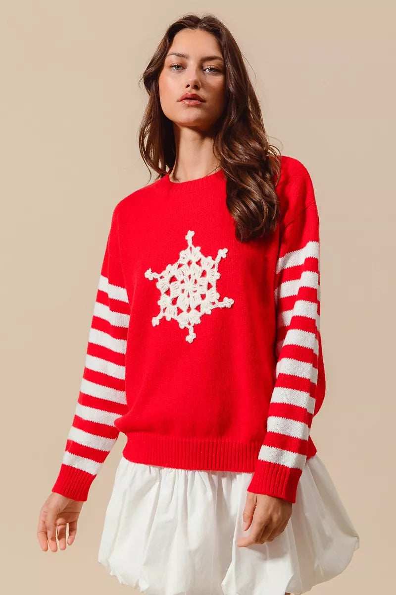 SO ME Christmas Snowflake Crochet Embellished Sweater - Trendsi - Flyclothing LLC