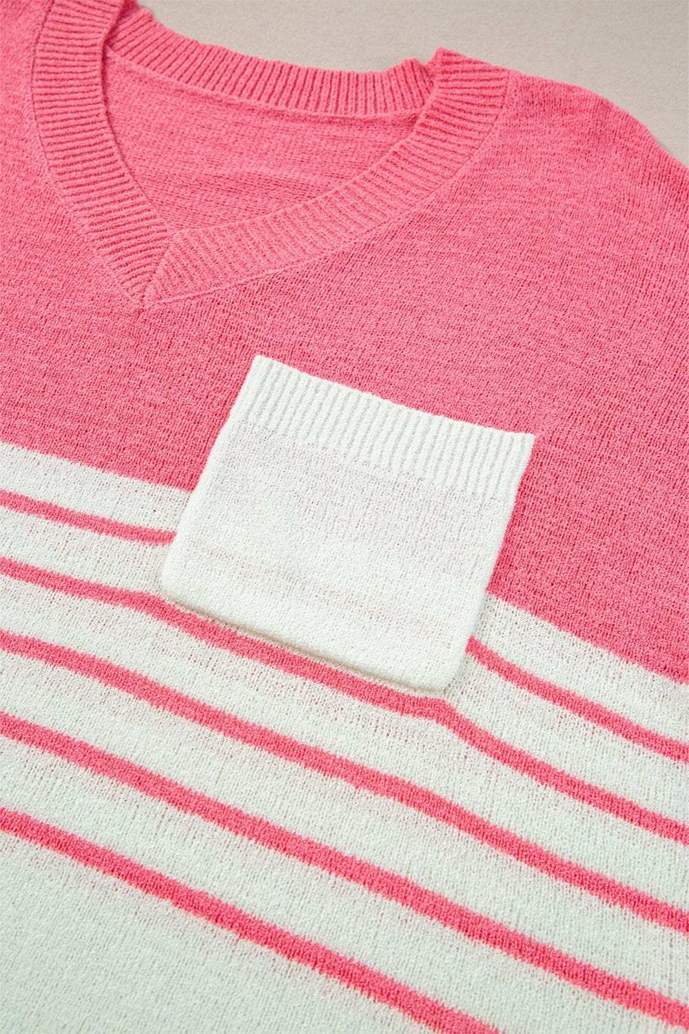 Striped V-Neck Short Sleeve Knit Top - Trendsi - Flyclothing LLC