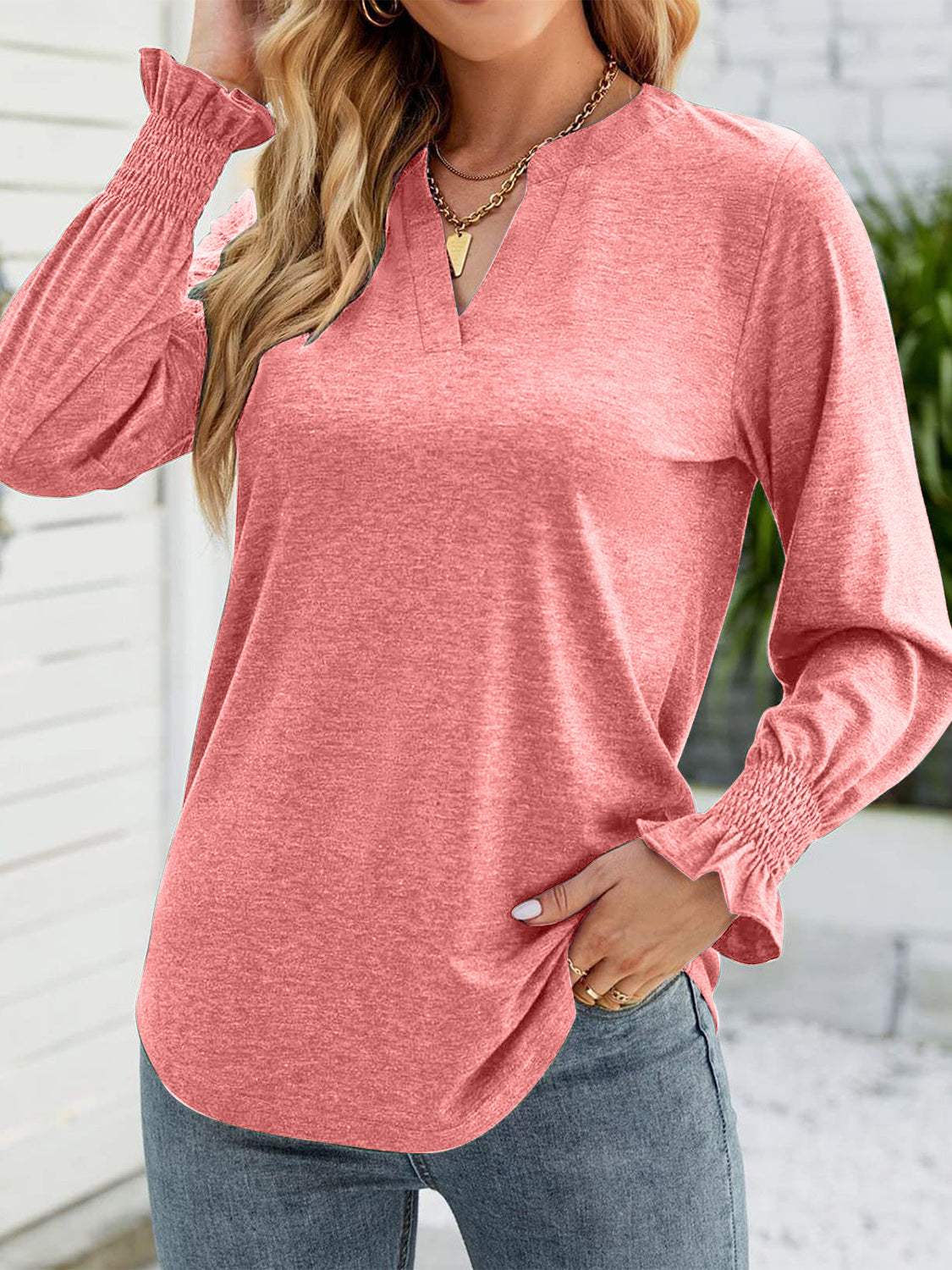 Full Size Notched Long Sleeve T-Shirt - Trendsi - Flyclothing LLC