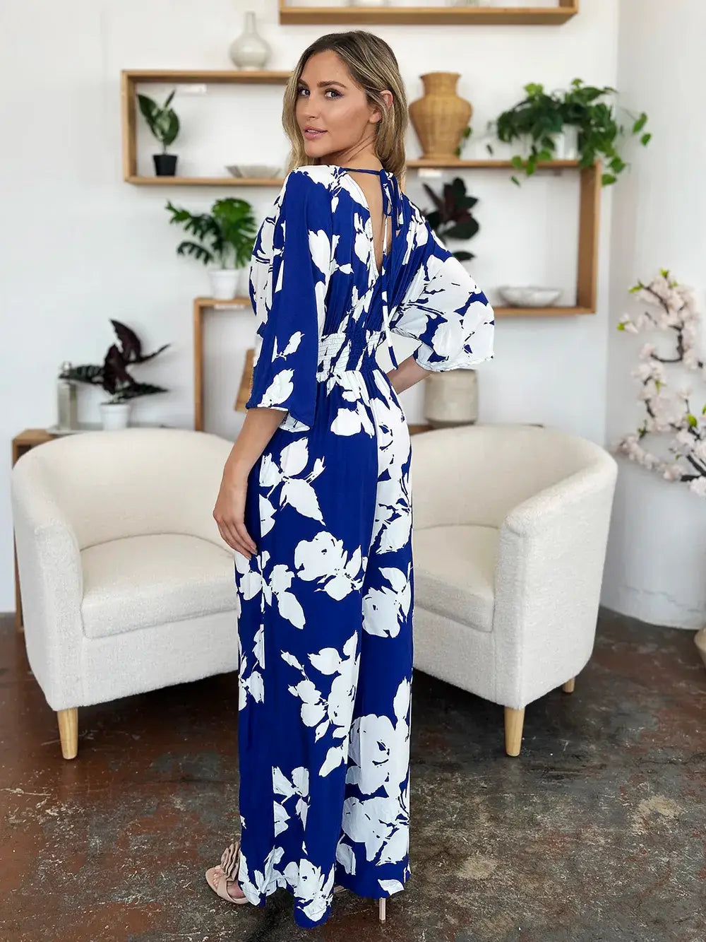 Double Take Full Size Printed Tie Back Wide Leg Jumpsuit - Trendsi - Flyclothing LLC