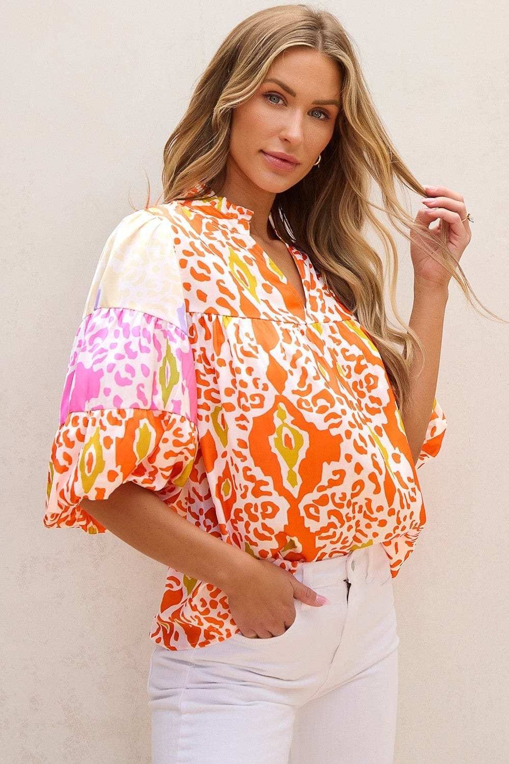 Printed Notched Half Sleeve Blouse - Trendsi - Flyclothing LLC