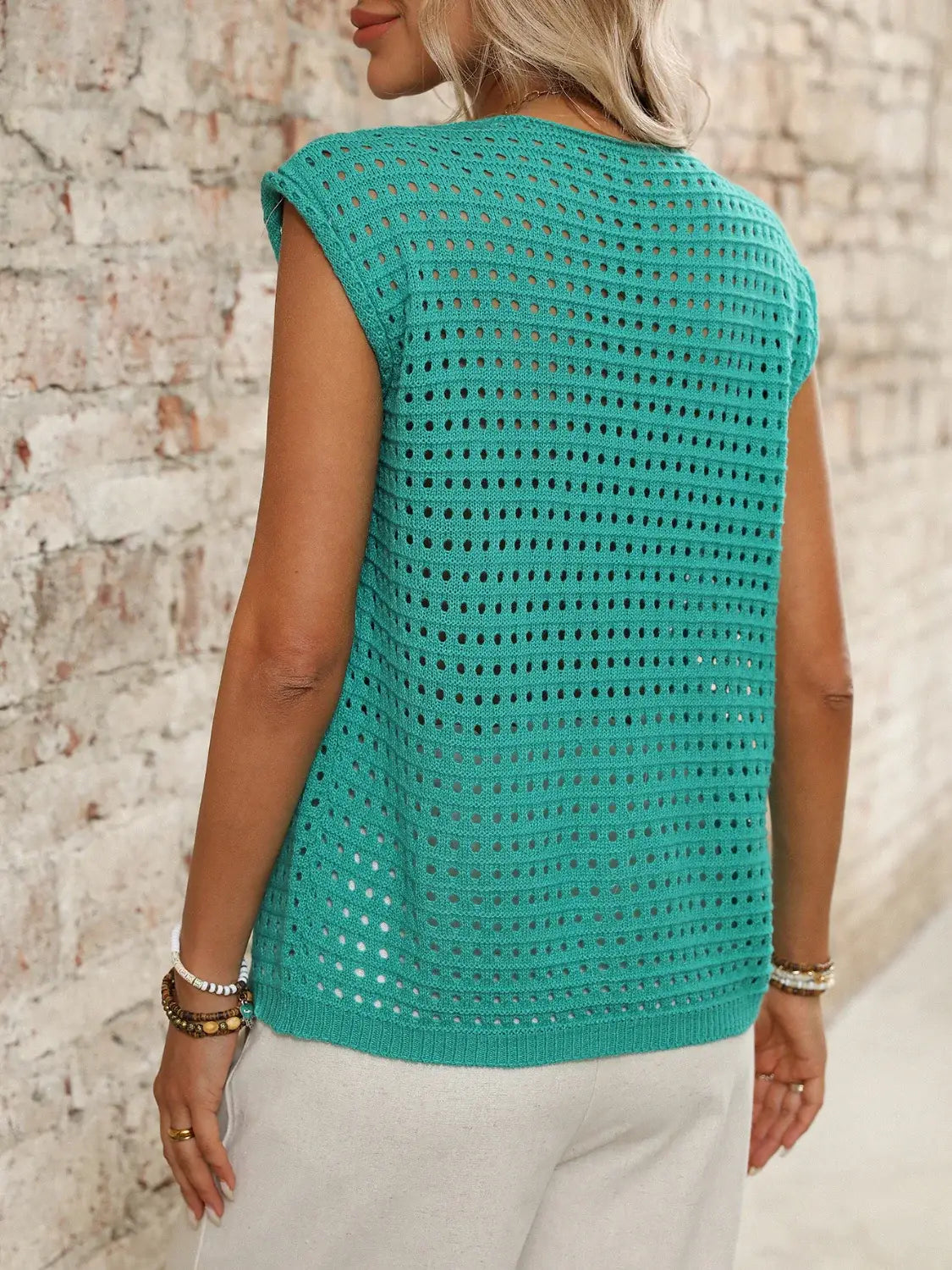 Tied Front Openwork V-Neck Knit Top - Trendsi - Flyclothing LLC