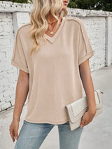 Cord Ribbed V-Neck Short Sleeve T-Shirt - Trendsi - Flyclothing LLC