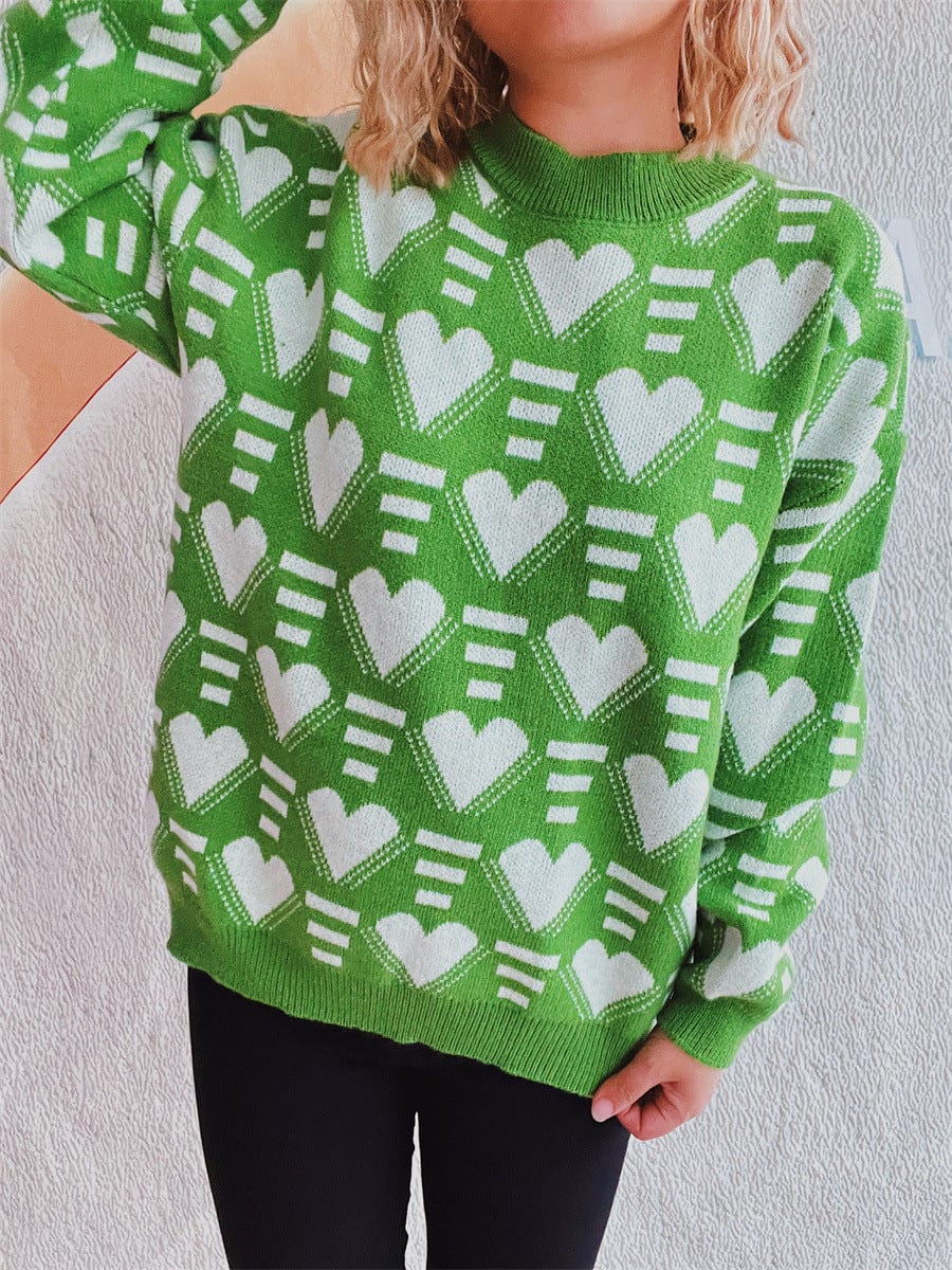 Heart Contrast Long Sleeve Dropped Shoulder Sweater - Trendsi