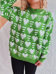 Heart Contrast Long Sleeve Dropped Shoulder Sweater - Trendsi