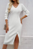 Slit V-Neck Long Sleeve Midi Dress - Trendsi