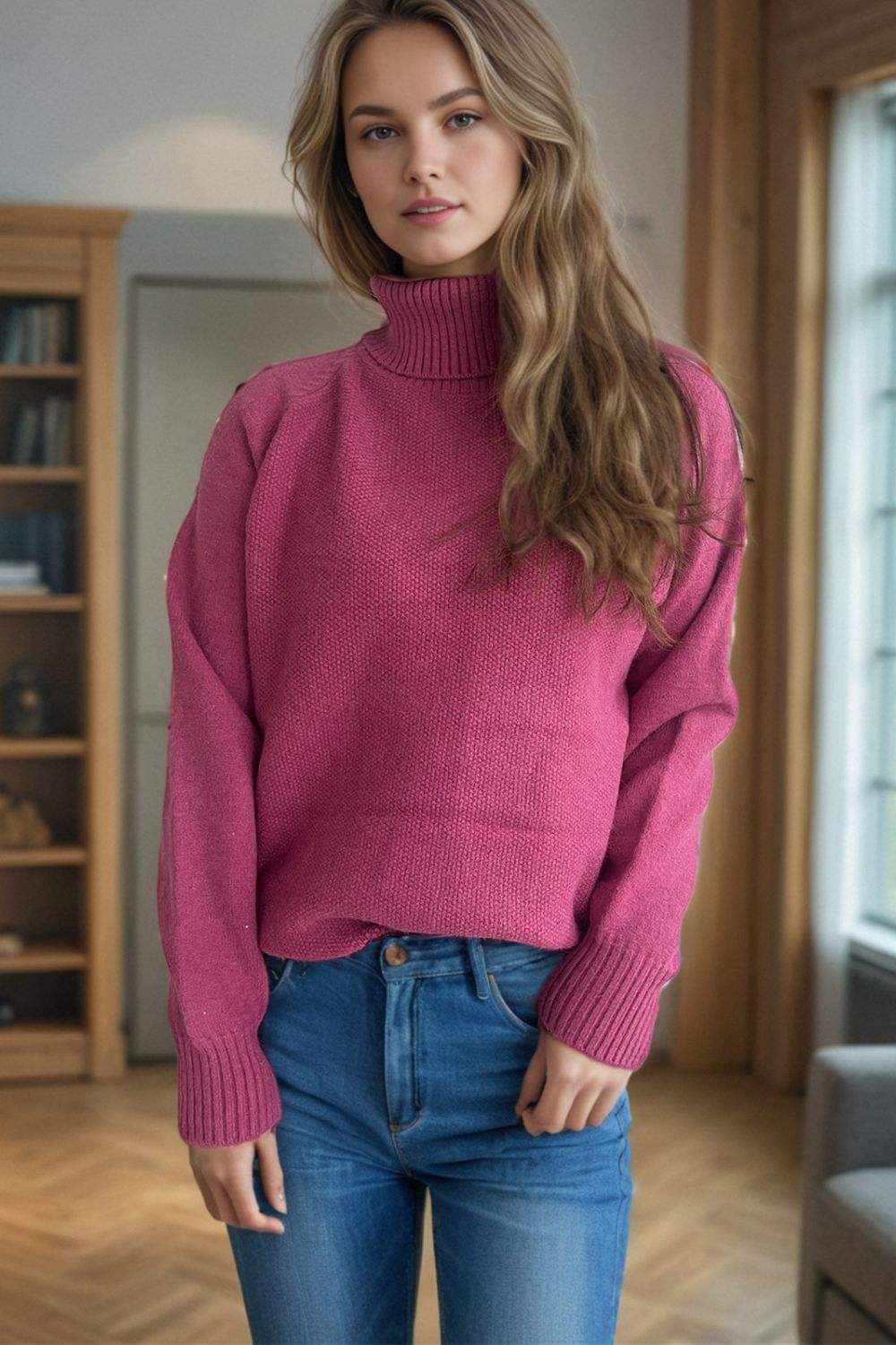 Ribbed Turtleneck Raglan Sleeve Sweater - Trendsi - Flyclothing LLC